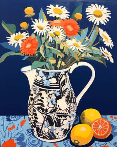 Tucocoo Paint by Number Flowers in a Floral Vase DIY Cute Painting on Canvas with Brushes Acrylic Paints Blue Background Paint by Numbers for Adults and Kids Student Beginner 16x20 Inch（DIY Frame） - color: Floral Vase 01, size: 16''x20''(DIY Frame)