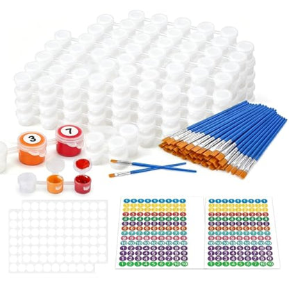 30 Empty Paint Containers with Lids - Mini Paint Pods | 180 Paint Pots Container Strips (3ml/0.1oz), 40 Flat Paint Brushes, 260 Labels for Color Organization,140 blank labels - color: 30 Strips+40 Flat Brush+260 Labels