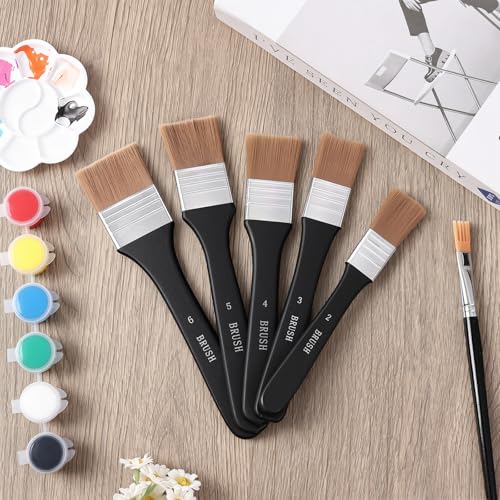 5 Size Wide Flat Paint Brushes, Acrylic Craft, Soft Nylon | Varnish Brush Paintbrush Sets, For Oil Canvas Gesso