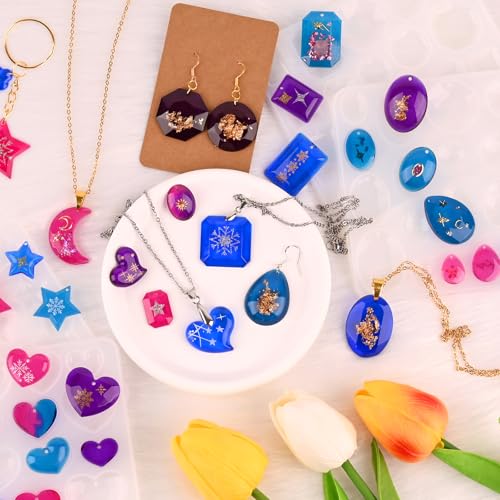 Actvty Earring Resin Mold with Holes, 4 Pieces Silicone Pendant Epoxy Molds, Jewelry Molds for Resin Casting, DIY Gem Cabochon, Earrings, Necklace, Jewelry, Keychain