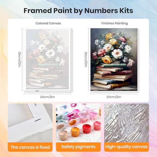 HEIBAGO Framed Paint by Numbers Kit Flowers for Adults, Paint by Numbers for Adults Beginner, Adult Paint by Number Kits Book on Canvas, DIY Painting by Numbers for Gift Home Wall Decor 8 x 12 Inch - color: Flowers-2