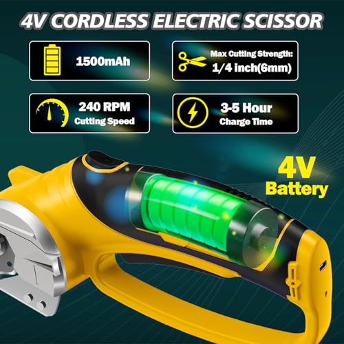Cordless Electric Scissors, 4V Rechargeable Box Cutter & Cardboard Cutter with LED Light, Safety Lock - Rotary Cutter for Fabric, Leather, Carpet, Plastic, Crafting, Sewing with Storage Box(Yellow)