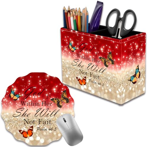 Pen Holder for Desk, PU Leather Multifunctional Desktop Storage Box and Anti-Slip Mouse Pad Set, Makeup Brush Holder Pen Organizer for Office and Home - Psalm 46:5 - color: Floral Quote Bible Verse Psalm 46:5