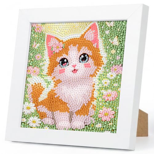 Cat Diamond Art Kits for Kids Ages 4-8-12 with Wooden Frame 7x7 Inch | DIY Animal Diamond Art Painting Kit for Girls Boys, 5D Gem Art Kit for Beginners, Birthday Gift, Relaxing Hobby, Home Decor - color: HMKDPUS-26503