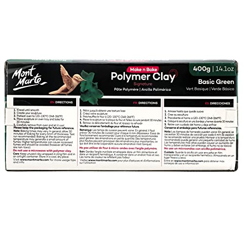 Mont Marte Make n Bake Polymer Clay Signature Basic Green 400g (14.1oz) Block, Bake in Oven, Soft and Smooth, Sculpting, Craft, DIY Décor, Jewelry - color: Basic Green, size: 14.1oz