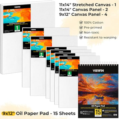 VISWIN Deluxe Oil Paint Set with Beech Wood Easel Box, Advanced Painting Kit with Paint Brush, Canvas, Palette, Oil Cup, Brush Washer, Pencils, Art Supplies, Painting Set for Adult, Artist, Beginners