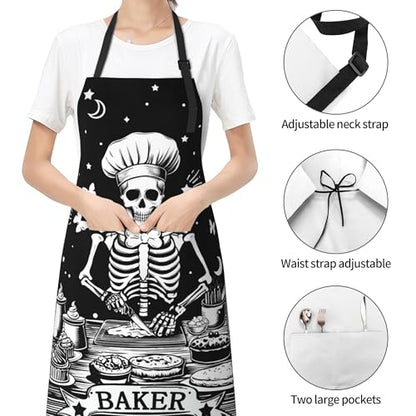 Funny Apron Polyester Grooming Aprons with Pocket for Cooking Kitchen Grilling Adults - color: Black Skull Men