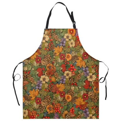 Fall Winter Aprons Pinecone Red Berry Kitchen Apron with 2 Pockets and Adjustable Neck Strap Autumn Thanksgiving Maple Leaf Flowers Cooking Apron for Baking Crafting Gardening - color: Fall Winter