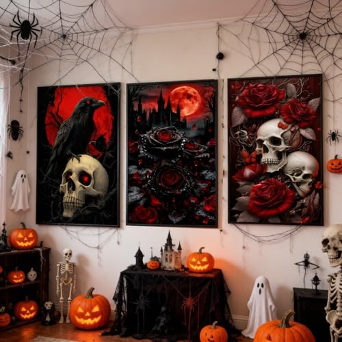 Clendo 3 Pack Halloween Diamond Art Kits - DIY 5D Crow Skull Diamond Painting Kits for Beginners, DIY Full Drill Horror Diamonds Painting Kit Pictures with Diamonds Gem Art Home Wall Decor 12'' x16'' - color: JX0329