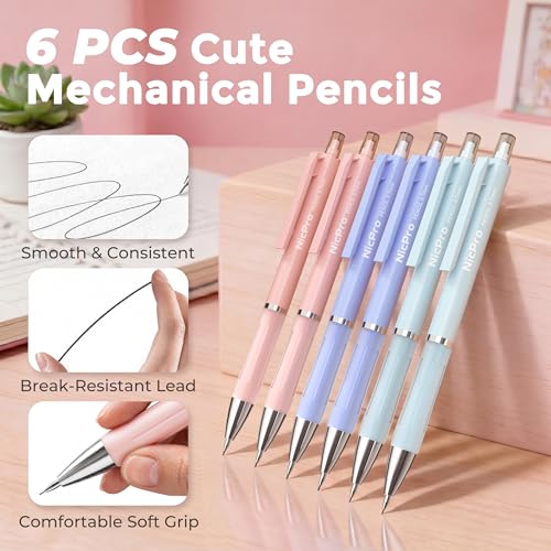 Nicpro Cute Mechanical Pencil, 0.7mm Pastel Pencils for School-6 Pack - style: 6 Pack (0.7mm)