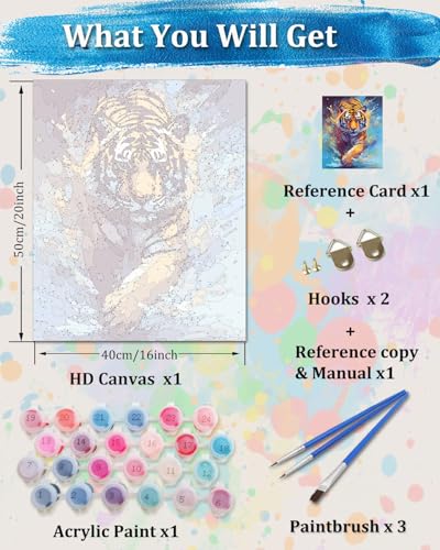 TOCARE Tiger Paint by Numbers Kit for Adults, Adult Paint by Number Tiger Canvas,Adults’ Paint-by-Number Kits Animal 16x20inch - color: TC-OPC-20
