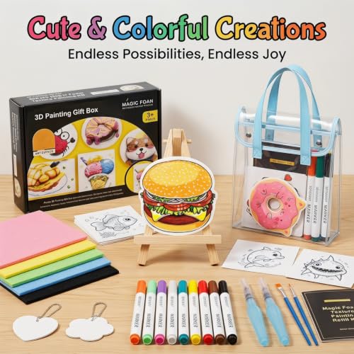 PGONEEE Magic Foam Texture Painting Kit, 80 Pieces 3D Arts and Crafts, Puffy Paint Set with 40 Foam Texture Paper, 12 Colors Brush Tip Acrylic Paint Markers, Gift for Adults Kids Birthday