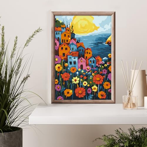 Framed Paint by Numbers Kit for Adults Beginner & Kids Ages 8-12, Landscape Flowers Adult Paint by Number Kits on Canvas with Frame, DIY Number Painting for Adults for Home Decor Gift 8 x 12 Inch - color: DG-OP-F-FlowersHouse-2030