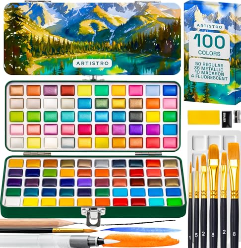 ARTISTRO Deluxe Watercolor Paint Set with Palette & Brush Pens - 100 Colors | Travel Watercolor Paint Set, Portable Painting Kit for Adults, Artists & Kids, Professional Watercolor Supplies - style: 100 Colors Portable Travel