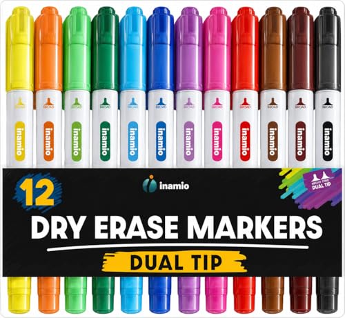 inamio 12 Dry Erase Markers Dual Tip, Ultra Fine & Broad, Pastel & Classic | Double Sided Whiteboard Markers, Ultra Fine Point Erasable White Board Pens, Non-Toxic for Kids, Teachers & Planners