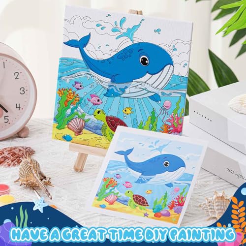 Tenceur 12 Sets Pre Drawn Canvas to Paint Adult Stretched Coloring Painting Canvas Panels with Design Easel and Brushes for Party Supplies Beginner Favor(Sea Animal) - style: Sea Animal