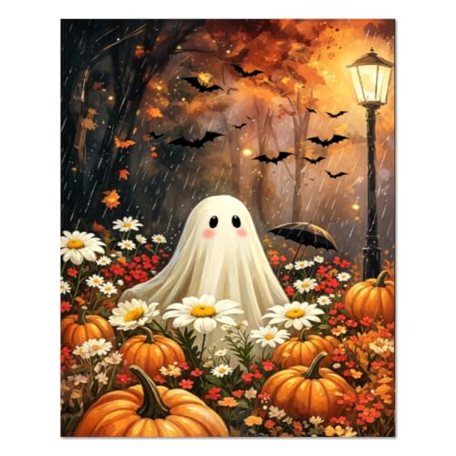 WULINHUAFA Halloween Paint by Numbers Adults Beginner 16x20 Inch | Ghost Adult Paint by Number Kits, DIY Acrylic Oil Easy Painting by Numbers for Gifts Home Wall Decor Without Frame - color: Pumpkin Ghost