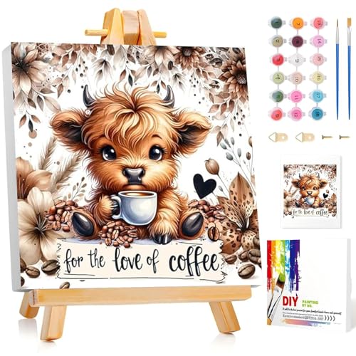 Cow Paint by Numbers Kit for Kids with Frame Wooden Easel 8x8 inch - color: style-11
