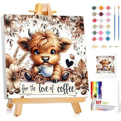 Cow Paint by Numbers Kit for Kids with Frame Wooden Easel 8x8 inch - color: style-11