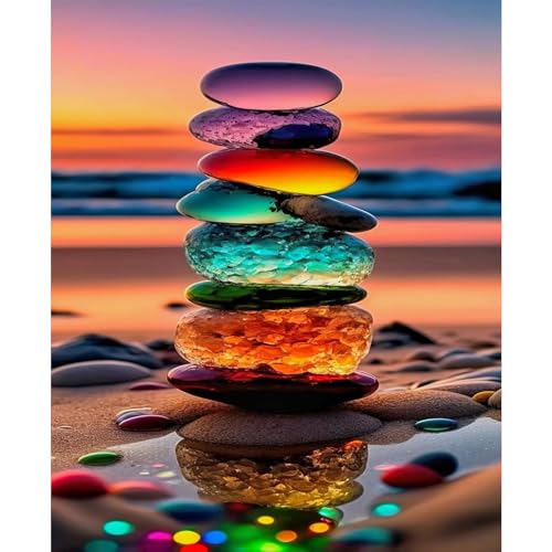 JUJUHOOD Sunset Beach Stone Paint by Numbers Beginner,Beach Scenery Paint by Number Kit for Adults, Adult Paint by Number Canvas with Paintbrushes and Acrylic Pigment16x20 inch,Sunset Beach Stone - color: Sunset Beach Stone