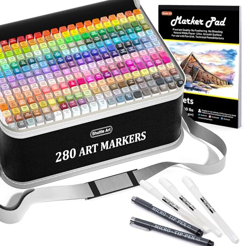 Shuttle Art 280 Colors Dual Tip Alcohol Based Art Markers, 279 Colors Permanent Marker Plus Colorless Blender, Micro-tip Pens, White Highlighter Pens, Marker Bag with Holders for Kids Adult Coloring - color: 280 Colors