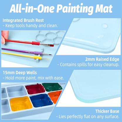 Silicone Painting Mat, 23.6x15.8in Art Craft Mat with Brushes | For watercolor resin clay DIY art use, waterproof table protection painting station with cup palette, 3 brushes, blue - color: Blue