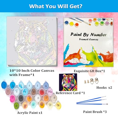 Artunion Framed Paint by Numbers Kit for Adults Beginners & Kids Ages 8-12,Colorful Tiger Paint by Number with Frame, Animals Paint by Numbers Kit on Canvas 10 * 10 Inch Without Easel - color: ZXT-266-F