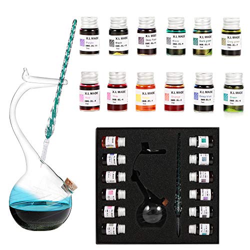 Handmade Glass Dip Pen Ink Set, Crystal Calligraphy Pen with Colorful Inks | High Borosilicate Glass Dip Pen Set with 12 Colorful Inks for Writing, Calligraphy, Signatures, Art and Gifts（Light blue） - color: Light Blue
