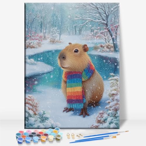 Aeontinity Capybara Winter Animal Framed Canvas DIY Paint by Numbers Kit Bar Cafe Cave Home Room Wall Bathroom Porch Patio Decor Gift, 16 x 12 Inch - color: CAPYBARA WINTER