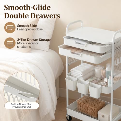 3 Tier Rolling Cart with 2 Drawers, Metal Utility Storage Carts with Wheels | Kitchen Rolling Cart 4.5" Deep Basket, Mesh Side Panel with 3 Cups, 4 Hooks for Office, Bedside, Craft Storage Cart - color: White