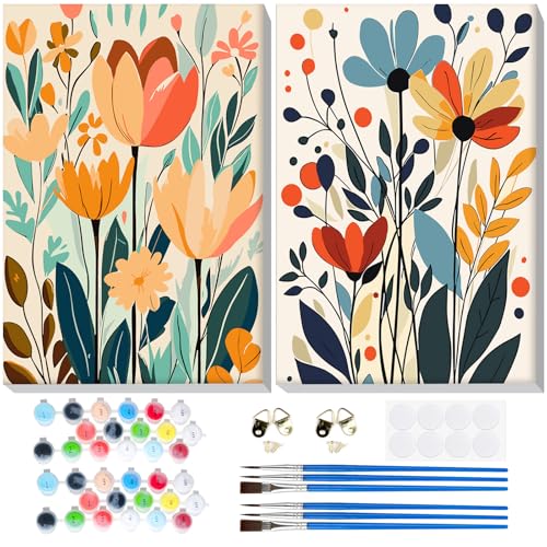 Bowetile 2 Pack Paint by Numbers for Adults Beginners Framed, Flowers Adults' Paint-by-Number Kits, Easy Adult Paint by Number Kits on Canvas, Acrylic Number Painting for Home Decor, 8x12in - color: Flowers