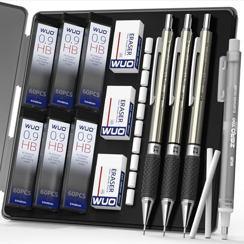 WUO 0.9 mm Mechanical Pencil Set with Eraser Pen Storage Case, 3 PCS | Metal Drafting Pencils, 360 HB Lead Refills, 3x4B Erasers, 12 Eraser Refills for School Artist Writing Drawing Sketching - color: Black 3 - 0.9mm (3 Pack)