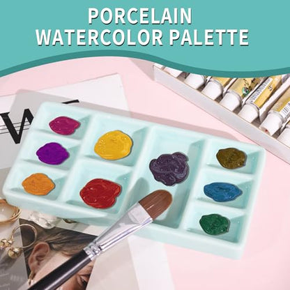 Porcelain Watercolor Palette - 10 Well Ceramic Artist Paint Palette with Mixing Tray for Painting and Craft Projects（Green） - color: Green