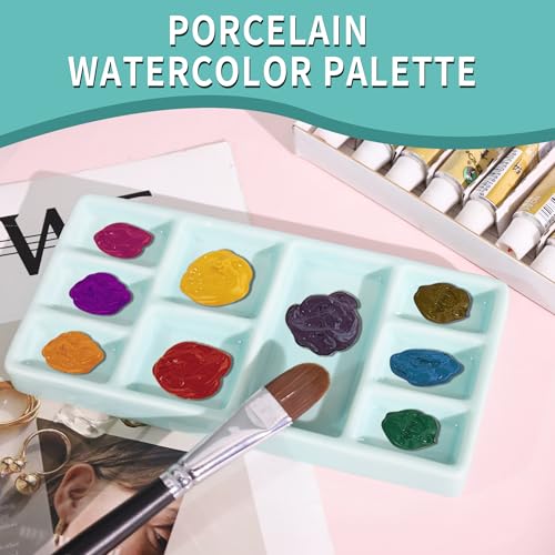 Porcelain Watercolor Palette - 10 Well Ceramic Artist Paint Palette with Mixing Tray for Painting and Craft Projects（Green） - color: Green