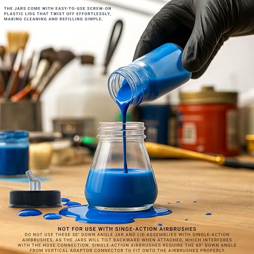 Master Airbrush (Pack of 10) TB-010 Empty 2.7-Ounce (80cc) Glass Jar Bottles with 30° Down Angle Adaptor Lid Assembly - Fits Dual-Action Siphon Feed Airbrushes, Use with Master, Badger, Paasche, Iwata - size: 2.7oz - Glass - 30°
