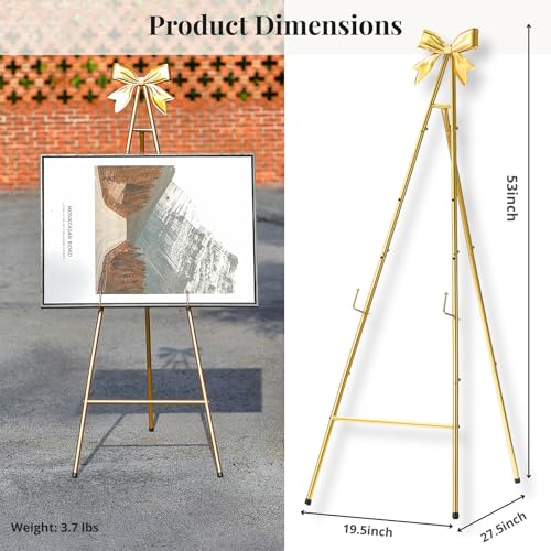 53”H Metal Gold Easel Stand for Sign Heavy Duty with Bow Top | Large Adjustable Display Standing for Wedding Displaying Pictures Poster Holder Showcasing - color: Golden bow top