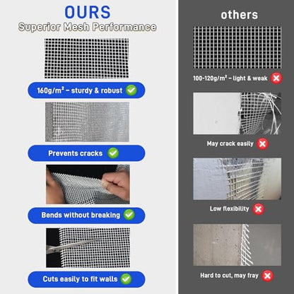 Fiberglass Mesh Roll 3.2x164 FT Plastering Mesh for Wall Crack Repair, Alkaline Resistant & Non-Adhesive 160g/m² Fibreglass Reinforcing Mesh Net for Plastering Interior Exterior Building Insulation