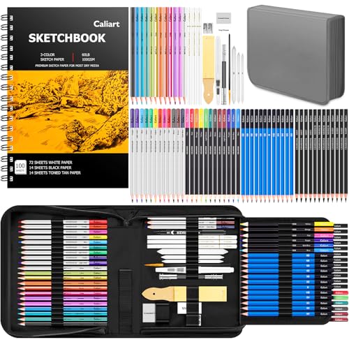 Caliart 176PCS Art Supplies Sketching Kit, 100 Sheets 3-Color Sketch Book | Graphite Colored Charcoal Watercolor & Metallic Pencils, Drawing Supplies Set Gifts for Artists Adults Teens Girls Boys Kids - color: Grey