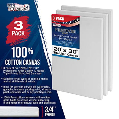 U.S. Art Supply 20 x 30 inch Stretched Canvas 12-Ounce Triple Primed, 3-Pack - Professional Artist Quality White Blank 3/4" Profile, 100% Cotton, Heavy-Weight Gesso - Acrylic Pouring, Oil Painting - size: 20" x 30"