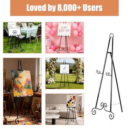 46" H Adjustable Metal Display Easel - Vintage Black Scroll Design, Rust-Proof Metal Stand for Showcasing Pictures, Artlork, Picture Frame and Wedding Signs