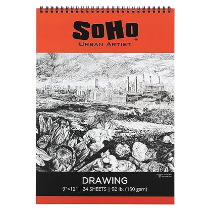 SoHo Urban Artist Softcover Drawing Pad - 9"x12", 12 Pack w/288 Sheets Total - 92 lbs/150gsm, Mixed Media, Dual-Sided, Acid-Free, Wire-Bound, Micro-Perforated, Repeated Erasing & Reworking - size: 9"x12"