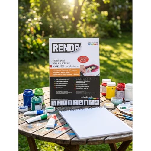 RENDR No Show Thru Dual-Sided Sketch Pads for Drawing, Bleedproof, Acid-Free, 80 Perforated Pages, 180 GSM, 9" x 12"