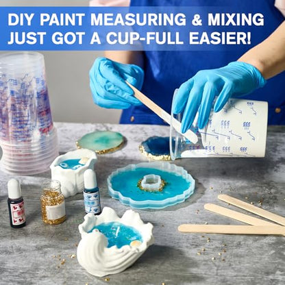 100 Pack Plastic Mixing Cups, 20 oz Measuring Cups with 100 Mixing Sticks | versatile for mixing paints, epoxy resin, alcohol inks, DIY crafts, projects, scientific experiments, disposable and no-mess