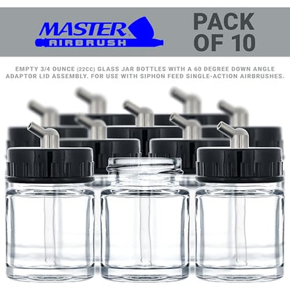 Master Airbrush (Pack of 10) TB-003 Empty 3/4 Ounce (22cc) Glass Jar Bottles with 60° Down Angle Adaptor Lid Assembly - Fits Single-Action Siphon Feed Airbrushes, Use with Master Badger Paasche, Iwata - size: 0.75oz - Glass - 60°