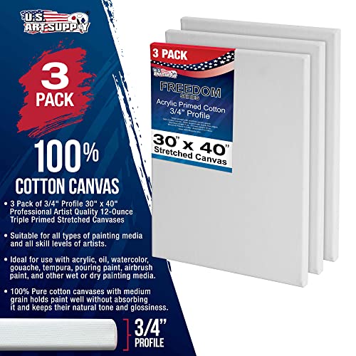 U.S. Art Supply 30 x 40 inch Stretched Canvas 12-Ounce Triple Primed, 3-Pack - Professional Artist Quality White Blank 3/4" Profile, 100% Cotton, Heavy-Weight Gesso - Acrylic Pouring, Oil Painting - size: 30" x 40"