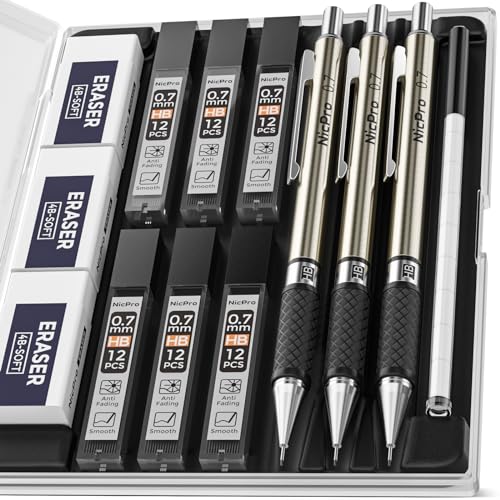 Nicpro 22PCS Black Art Mechanical Pencils Set + 3 PCS Metal Drafting Pencil 0.7mm