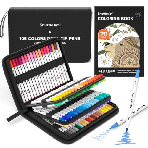 Shuttle Art Dual Tip Brush Marker Pens, 105 Colors Fine and Brush Tip Markers Set in Portable Case with 1 Coloring Book for Kids, Water-based Ink Adult Artist Coloring Calligraphy Journal Doodling - color: 105 Colors with 1 Coloring Book