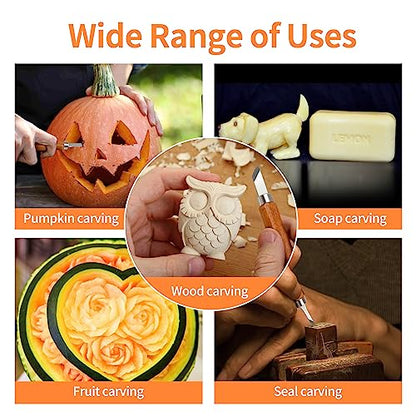 Wood Carving Tools Kit - Wood Carving Knife Set for Beginners, Professionals, Hobbyists, Artists, and Sculptors - Multipurpose Sculpting, Soap Carving, Pumpkin Carving(WOOD HANDLE)