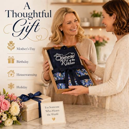 Cute Floral Apron for Women with Pockets, Cotton, Adjustable Straps - color: Navy Blue