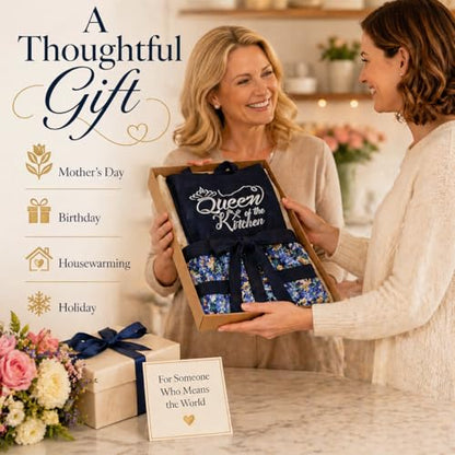 Cute Floral Apron for Women with Pockets, Cotton, Adjustable Straps - color: Navy Blue
